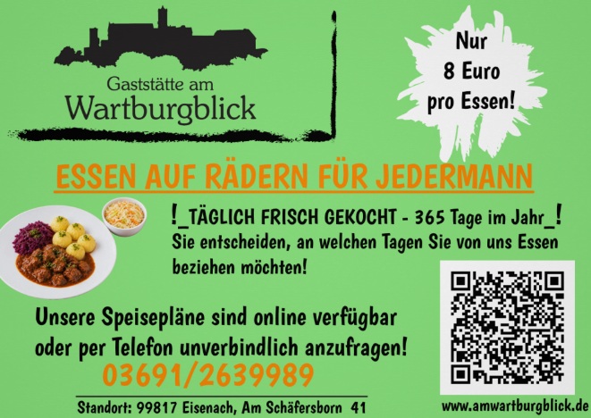 Informationsplakat zum Angebot Essen auf Rädern der Gaststätte am Wartburgblick